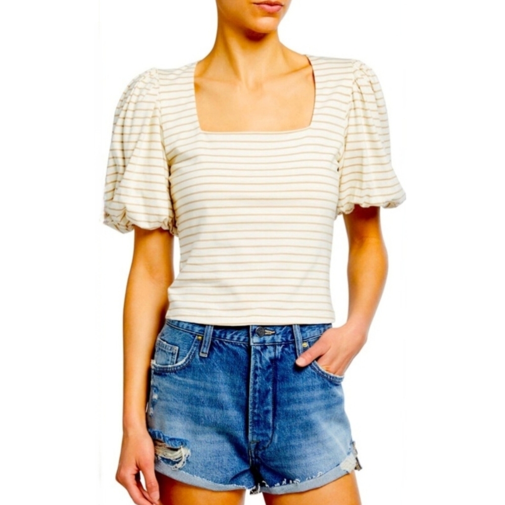 Frame Nina Striped Knit Puff-Sleeve Top | Size Small